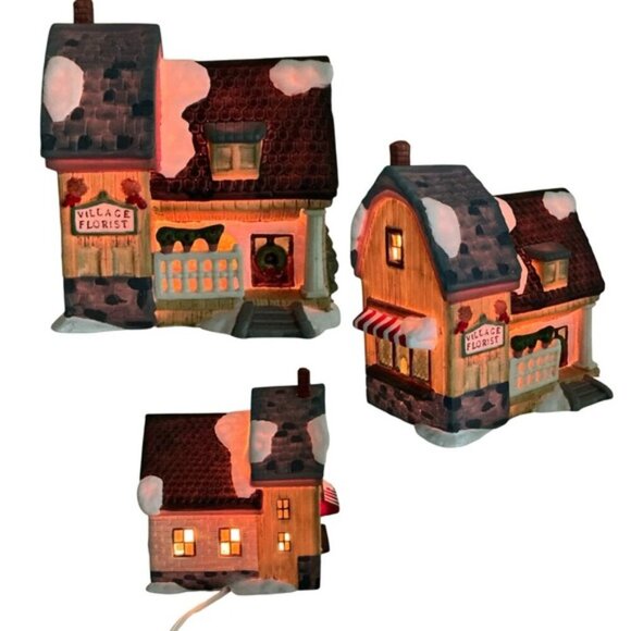 Vintage Christmas Village Florist Porcelain Winter Valley Cottage Lighted House - Picture 5 of 16